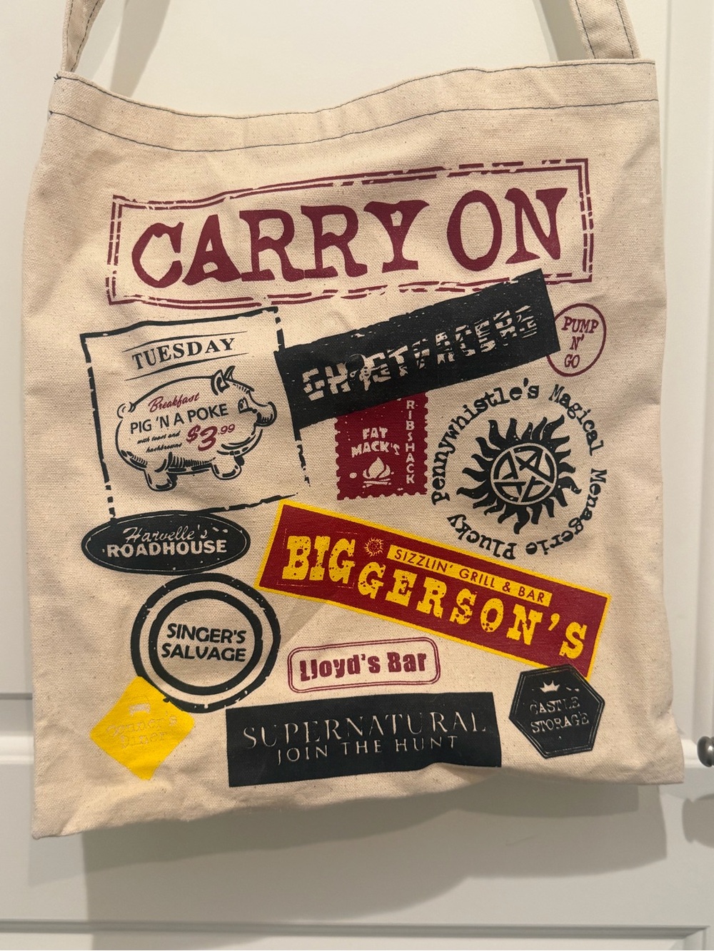 Supernatural Carry On Graphic Canvas Tote - Yellow & Burgundy Print